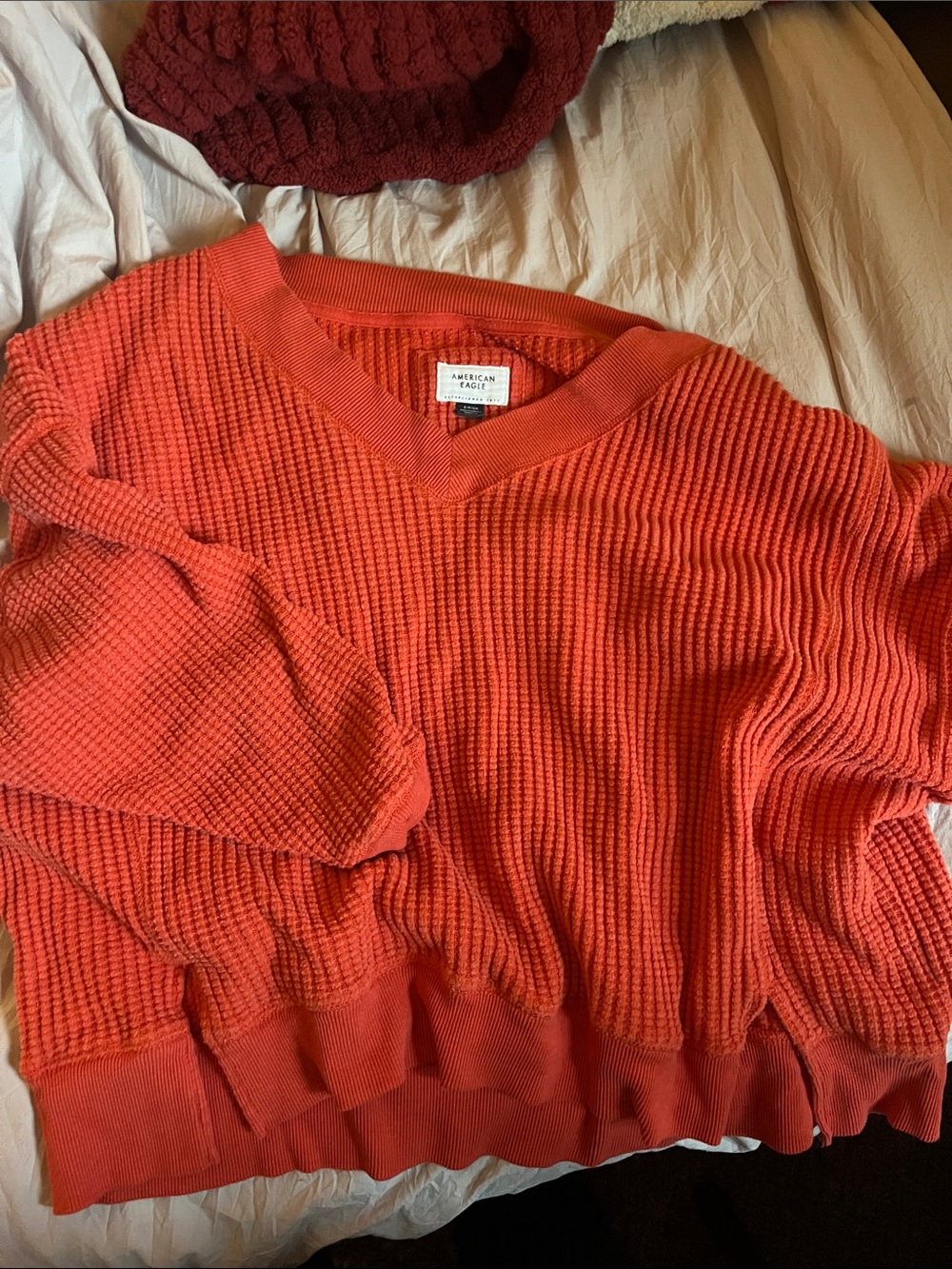 American Eagle Outfitters Coral-Red V-Neck Waffle Knit Sweater